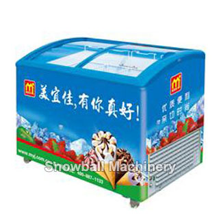 curved door ice cream showcase freezer for supermarket, restaurant, hotel, cafe, etc